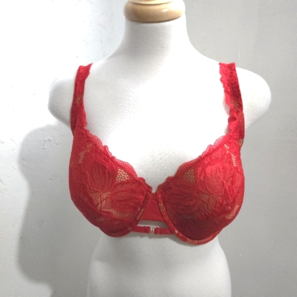 La Vie En Rose | Elegant Red And Tan Lace Padded Bra 36DD - Picture 1 of 8